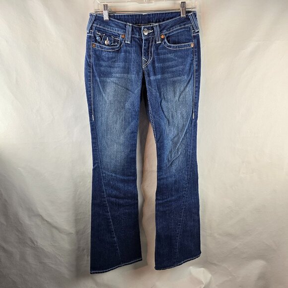 True Religion Denim - True Religion Jeans Women 28 Blue Denim Twisted Flare Joey Dark Wash Flap Pocket